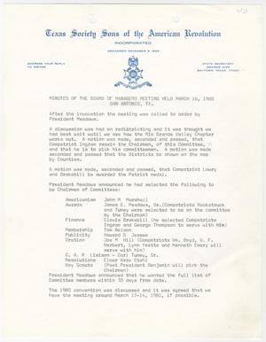 Primary view of object titled '[Minutes for the TXSSAR Board of Managers Meeting: March 16, 1980]'.