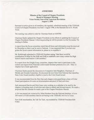Primary view of object titled '[Minutes for the TXSSAR Board of Managers Meeting: August 1, 1998]'.