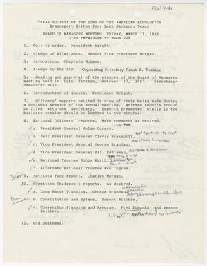 Primary view of object titled '[Agenda for the TXSSAR Board of Managers Meeting: Friday, March 11, 1988]'.