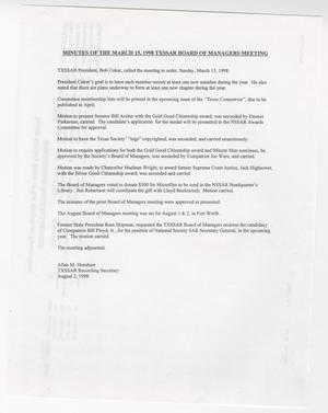 Primary view of object titled '[Minutes for the TXSSAR Board of Managers Meeting: March 15, 1998]'.