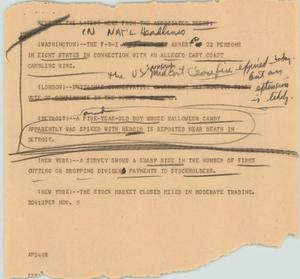 Primary view of object titled '[News Script: Updates in crime and stocks]'.