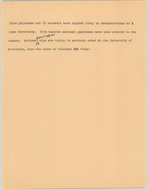 Primary view of object titled '[News Script: Injuries at University protests]'.