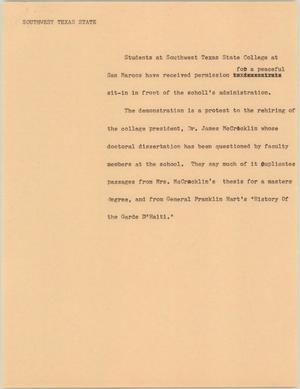 Primary view of object titled '[News Script: Students protest president rehiring]'.