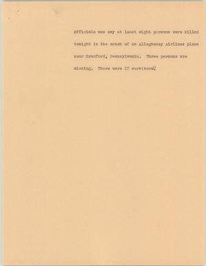 Primary view of object titled '[News Script: Allegheny Airlines plane crash]'.