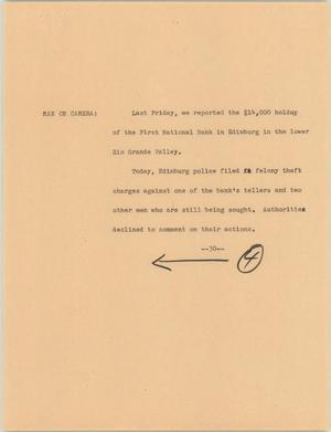 Primary view of object titled '[News Script: Bank robbery charges]'.