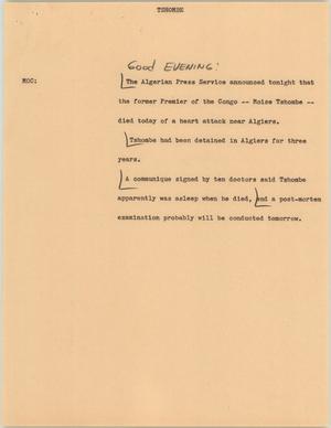 Primary view of object titled '[News Script: Tshombe]'.
