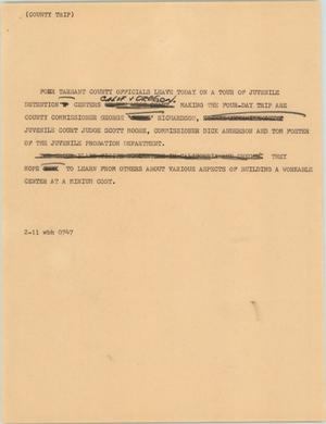 Primary view of object titled '[News Script: County trip]'.