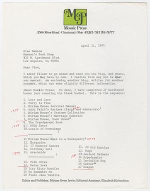 Primary view of object titled '[Letter from Miriam Irwin to Glen Dawson, April 11, 1981]'.