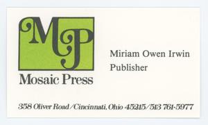 Primary view of object titled '[Business card for Miriam Owen Irwin]'.