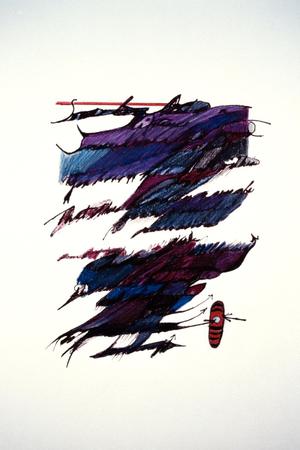 Un dibujo a tinta con colores púrpura, azul, rojo y negro. El dibujo principal parece una escritura cursiva negra en una columna,y los colores rellenan  y conectan el espacio. Un pequeño óvalo se encuentra en la esquina inferior derecha del dibujo.