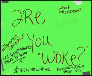 Primary view of object titled '[Green "Are You Woke?" poster]'.