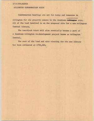 Primary view of object titled '[News Script: Arlington Condemnation Suits]'.