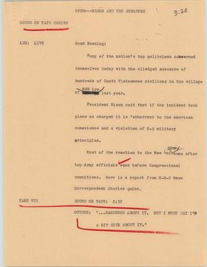 Primary view of object titled '[News Script: Political reaction to My Lai]'.