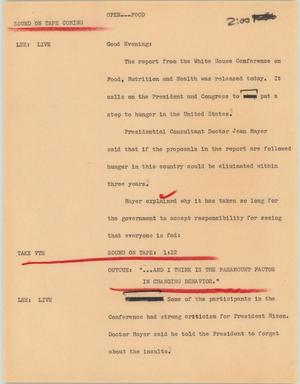 Primary view of object titled '[News Script: White House on nutrition]'.