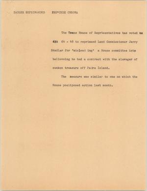 Primary view of object titled '[News Script: Sadler Reprimanded]'.
