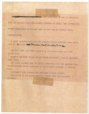 Primary view of object titled '[News Script: Joseph Kennedy passes]'.