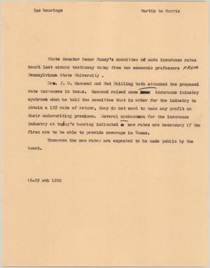 Primary view of object titled '[News Script: Insurance hearings]'.