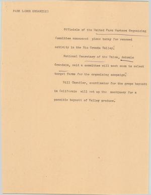 Primary view of object titled '[News Script: Farm labor organized]'.