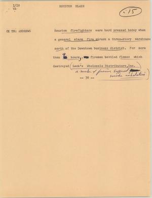Primary view of object titled '[News Script: Houston blaze]'.