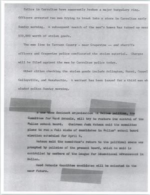 Primary view of object titled '[News Script: Police raids and school politics]'.