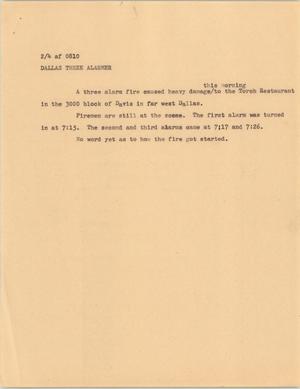 Primary view of object titled '[News Script: Dallas three alarmer]'.