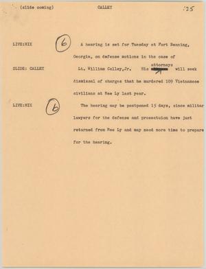 Primary view of object titled '[News Script: Calley's My Lai trial]'.