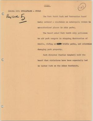 Primary view of object titled '[News Script: Motorcycle restrictions in city parks]'.