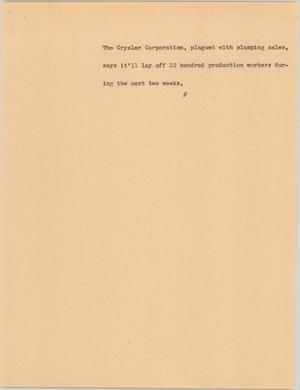 Primary view of object titled '[News Script: Chrysler layoffs]'.