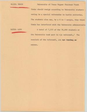 Primary view of object titled '[News Script: UT Regent chairman resignation]'.