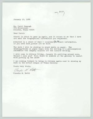 Primary view of object titled '[Letter from Claudia W. Betti to Carol Sapaugh, January 10, 1986]'.