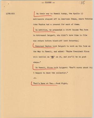 Primary view of object titled '[News Script: Astronaut taxes]'.
