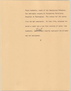 Primary view of object titled '[News Script: Lombardi's surgery]'.