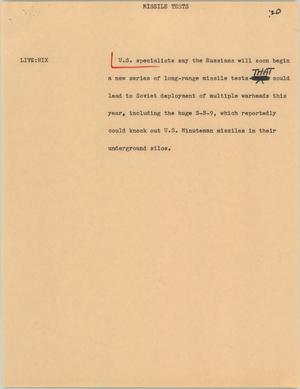 Primary view of object titled '[News Script: Missile tests]'.