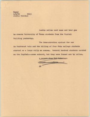 Primary view of object titled '[News Script: Austin trouble]'.