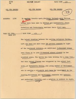 Primary view of object titled '[News Script: Belfast Ireland]'.