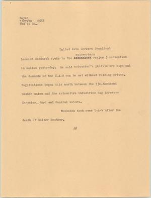 Primary view of object titled '[News Script: UAW in Dallas]'.