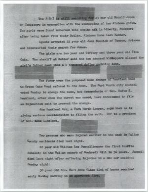 Primary view of object titled '[News Script: Alabama kidnapping/ Lackland Road]'.