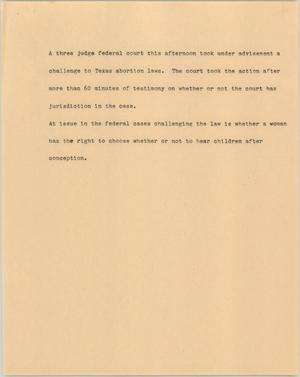 Primary view of object titled '[News Script: News in abortion laws]'.