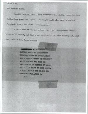 Primary view of object titled '[News Script: New airline route]'.