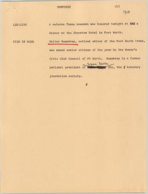 Primary view of object titled '[News Script: Newsman honored in Fort Worth]'.
