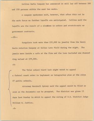Primary view of object titled '[News Script: Layoffs, burglaries, and schools]'.