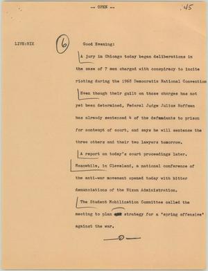 Primary view of object titled '[News Script: Jury trial and Anti-war conference]'.