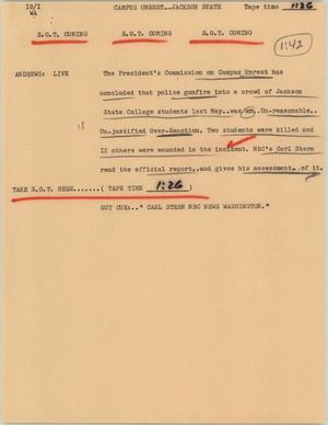 Primary view of object titled '[News Script: Campus unrest]'.
