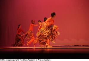 Primary view of object titled '[Photograph of five dancers in orange outfits]'.