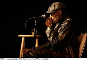 Primary view of object titled '[Photograph of Melvin Van Peebles sitting on stage at a film festival]'.