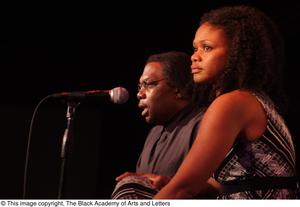 Primary view of object titled '[Curtis King speaks as Kimberly Elise looks ahead]'.
