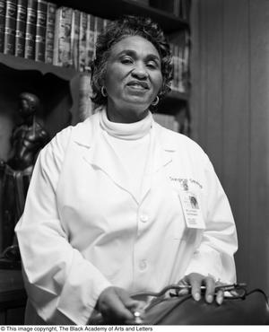Black and white photograph of Willie Mae Hardeman wearing a white coat and holding a stethescope.