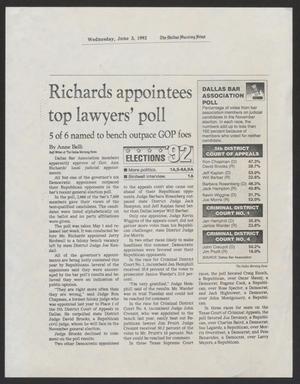 Primary view of object titled '[Clipping: Richards appointees top lawyers' poll]'.