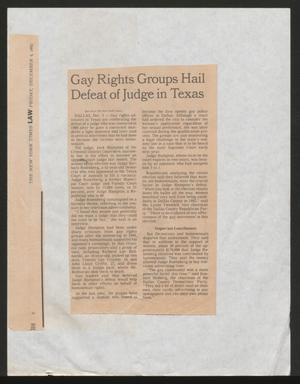 Primary view of object titled '[Clipping: Gay Rights Groups Hail Defeat of Judge in Texas]'.
