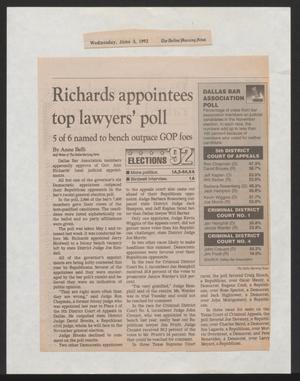 Primary view of object titled '[Clipping: Richards appointees top lawyers' poll]'.